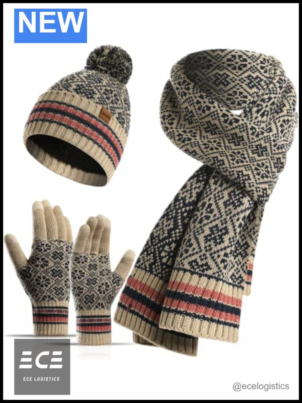 Womens Knit Beanie Hat Long Scarf Touchscreen Gloves Set Acrylic Wool Blend
